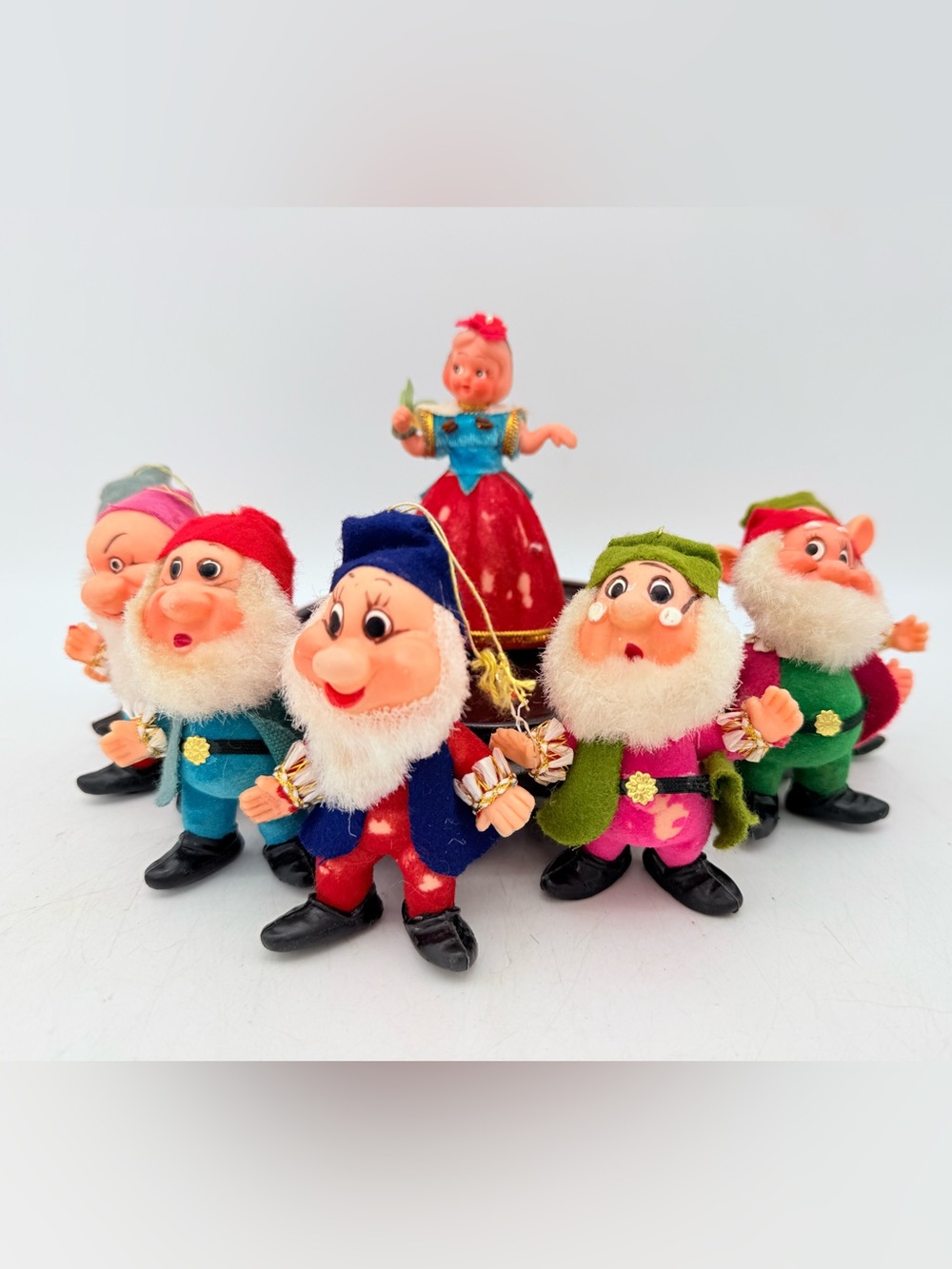 Set of 8 vintage Snow White & the seven dwarfs Christmas tree flocked ornaments